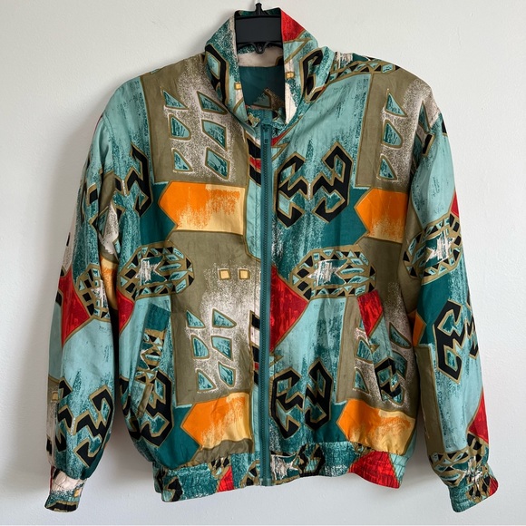 Bogari Vintage Silk Bomber Track Jacket Geometric 80s Graphic Small - Picture 15 of 16